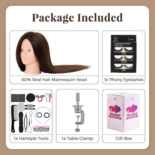 Mannequin Head 80% Human Hair - 28 Inch Make up Cosmetology Manikin Practice Doll Head with Hair,Braiding Hairdressing Head for Hair Styling with Table Clamp + DIY hair Styling Set thumbnail 6