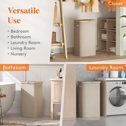 Lifewit 105L Laundry Basket with Lid, Large Laundry Hamper with Plastic Handles and Removable Bag, Foldable Tall Dirty Clothes Hampers for Laundry for Laundry Room, Bedroom, Bathroom, Dorm, Beige thumbnail 8