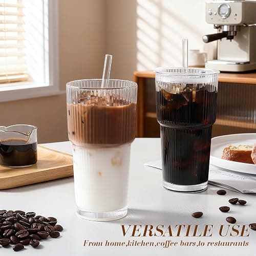 Iced Coffee Cups with Lids: Coffee Bar Accessories - Ribbed Glass Tumbler with Straw and Lid 4Pcs - 20oz Leak Proof Tumbler - Reusable Glass Cups and Tumblers with Lid and Straws for To Go Iced Coffee thumbnail 7