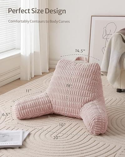 Blissful Diary Reading Pillow, Backrest Pillow with Shredded Memory Foam for Adult & Children, Designed for Bed and Couch Sitting Up, Includes Arms, Pockets and Washable Cover, Pale Pink thumbnail 4