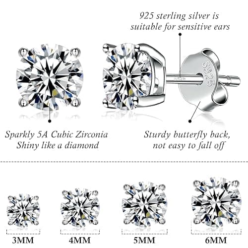 925 Sterling Silver Stud earrings Set | White Gold Plated Hypoallergenic Stud Earrings | Cubic Zirconia Stud Earrings for Women (2mm,3mm,4mm,5mm,6mm,7mm) 8 CZ colors options thumbnail 2
