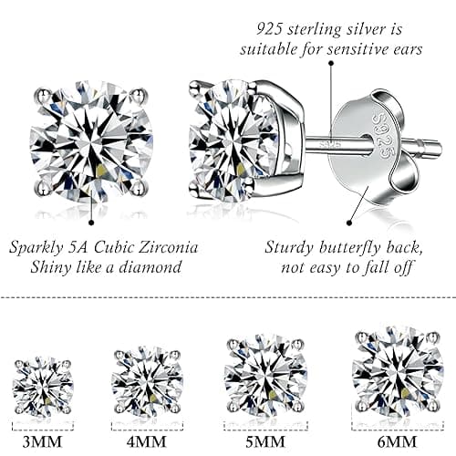 925 Sterling Silver Stud earrings Set | White Gold Plated Hypoallergenic Stud Earrings | Cubic Zirconia Stud Earrings for Women (2mm,3mm,4mm,5mm,6mm,7mm) 8 CZ colors options - 1Silver-3/4/5/6mm thumbnail 2