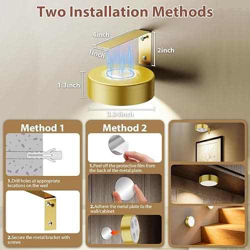 Bawoo 3Pcs Picture Lights for Wall RGB Magnetic Rechargeable Wall Lights,Wireless Battery Operated Art Lights for Paintings,Remote, Dimmable, Timer,Stick On Display Lamp,Poster Light,Puck Light,Gold thumbnail 8