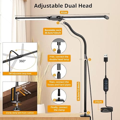 Woputne Desk lamp with Clamp, Super Wide & Bright, 5 Color Modes X 10 Brightness Levels, 960LM(160 Pcs Lamp Beads), 12W Computer Monitor Flexible Table Light, Desk Light for Office,Study, Crafts, Draw thumbnail 2