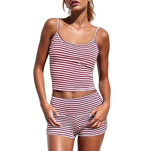 Women Fashion Striped 2 Piece Lounge Set Camisole Crop Top and Fold Over Shorts Pajama Sets Streetwear thumbnail 2
