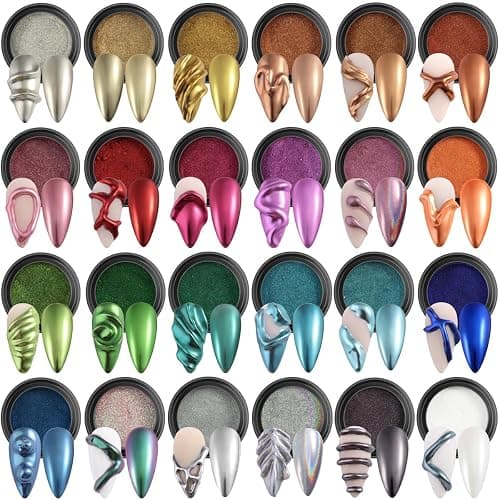 Fcozpjk 24 Colors Chrome Nail Powder Set Metallic Mirror Effect for Nails | Gold Silver Pink Chrome Nail Powder White Pearl Iridescent Multichrome Powder for Nails Rubbing Pigment Manicure Supplies - Image 1