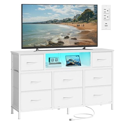 SONGMICS Dresser for Bedroom with Outlets & LED Lights, 8 Fabric Drawers | TV Stand for TVs Up to 55 Inches, Chest of Drawers with Steel Frame, Cloud White, BELLAH Collection ULGS433WH02S - Image 1