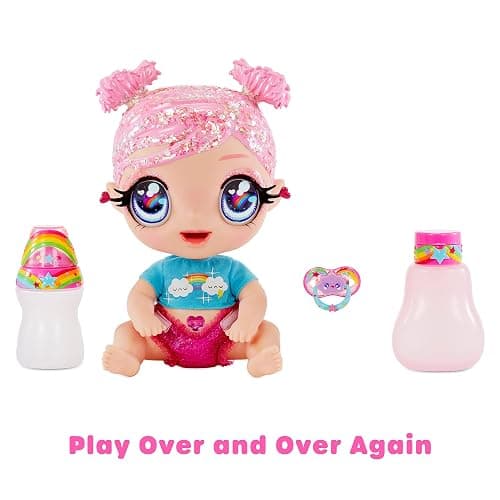 I Love U Glitter Babyz Dreamia Stardust Baby Doll with 3 Magical Colour changes, Pink Hair & a Rainbow Outfit. Includes Reusable Diaper, Bottle, & Pacifier. Collectable Toy For Kids Ages 3 Years Plus thumbnail 4