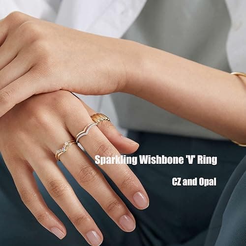 PLOMFOV 14K Silver Plate Stacking Rings Set for Women V Opal Flower CZ Rings Simple Thumb Thin Stackable Rings Silver Statement Rings Plain Band Size 4-11 thumbnail 4