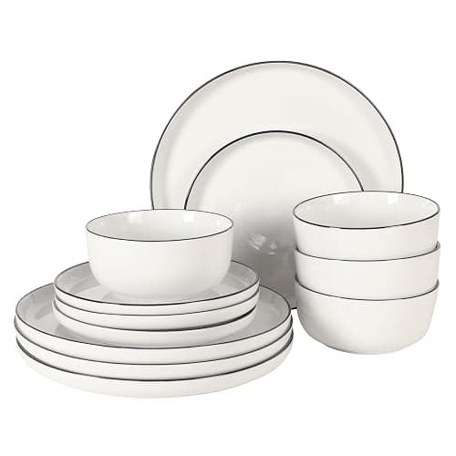 Gibson Home Oslo 12-Piece Porcelain Dinnerware Set – Dinner Plates, Salad Plates & Bowls, Classic White With Black Rim Everyday Dish Set for Home, Kitchen, Microwave & Dishwasher Safe - Image 1