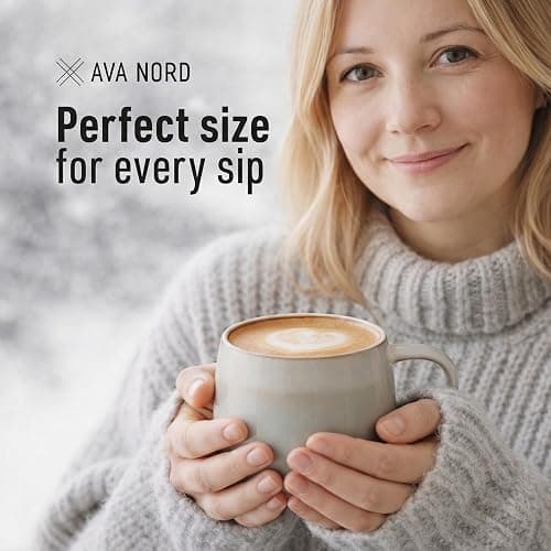Ava Nord Large Ceramic Coffee Mugs Set of 4 | 470 ml Stoneware Coffee Cups | Lead-Free, Non-Toxic | Microwave and Dishwasher Safe | Comfortable Handle | Nordic Design for Tea, Cocoa, Latte | Sage Ash thumbnail 5
