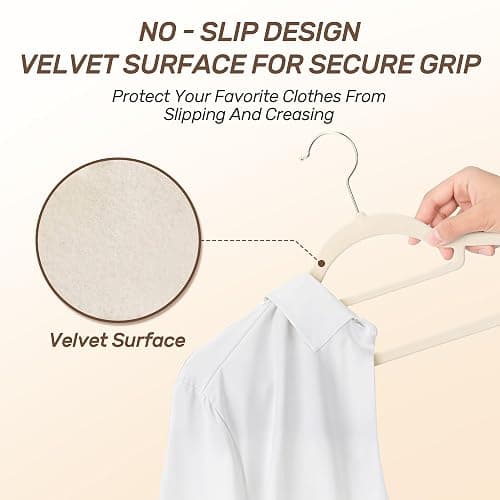 Sishynio Premium Velvet Hangers 30 Pack with Gold Hooks, Non-Slip, Space Saving Felt Clothes Hangers, Sturdy Slim Flocked Hanger for Dresses, Coats, Tie and Pants(Beige) thumbnail 4