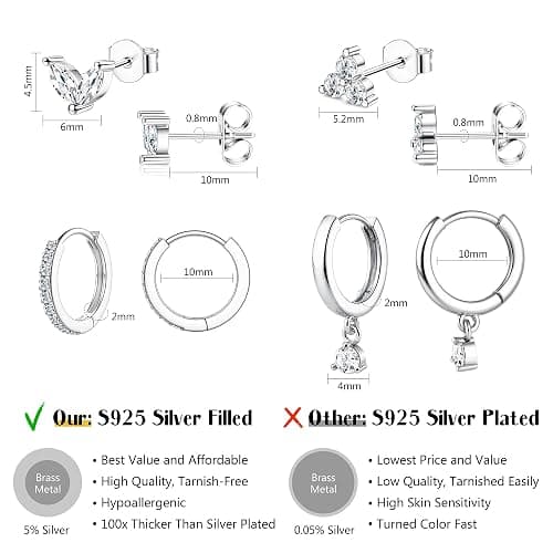 MILACOLATO 4 Pairs Silver Earrings for Women, 14K Gold Filled/Sterling Silver Filled Small Stud Hoop Earrings Set for Multiple Piercing, Hypoallergenic Cartilage Huggie Earrings Stacks Trendy Jewelry Gifts thumbnail 6