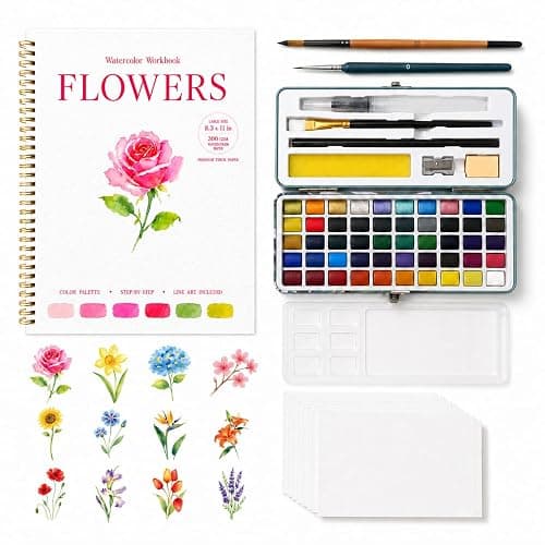 Drawmend Watercolor Paint Set & Workbook for Beginners, 50 Colors, 4 Brushes, 12 Step-by-Step Projects, 300 GSM Paper, 11 x 8.3 in Lay-Flat Book for Adults,Creative Art Gift (Flowers, with Palette) - Image 1