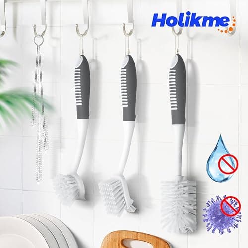 Holikme 6 Pack Dish Brush Set with Bottle Brush, Dish Scrub Brush, Pan Brush and 3 Straw Brushes, Deep Cleaning Handle Brush with Scraper Tip for Kitchen Sink Dishes Bottle Cup Pot and Pans (Gray) thumbnail 7