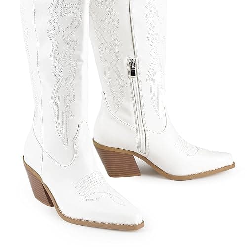 IDIFU IN3 Cowboy Boots for Women Cowgirl Knee High Western Embroidered Booties Side Zipper Low Block Chunky Heel Pull on Pointed Toe Tall Booties Comfy Dress Long Boots thumbnail 6