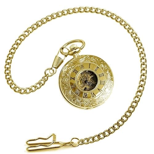 VIGOROSO Vintage Hand Wind Up Pocket Watches for Men, Mechanical Pocket Watch with Chain, Mens Skeleton Pocketwatch thumbnail 6