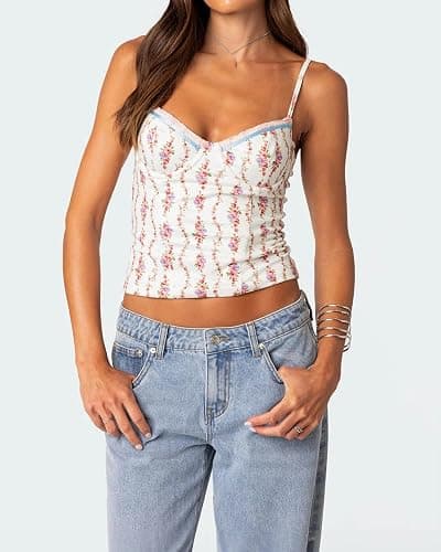 Women Teens Cute Babydoll Tops Y2k Floral Lace Trim Camisole Ruffle Tank Top Summer Flowy Peplum Top Streetwear thumbnail 5