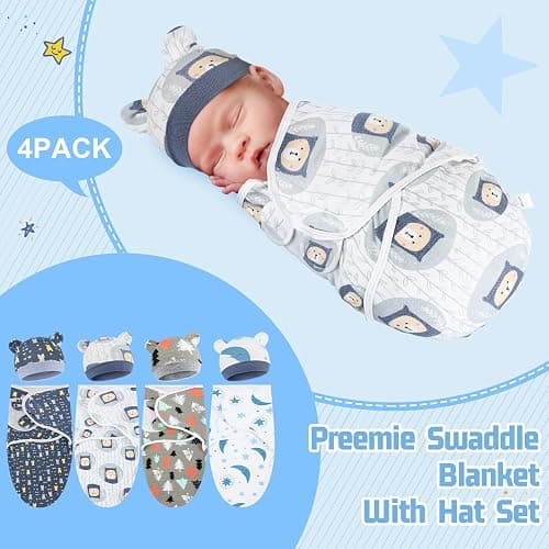 Buryeah 4 Pack Preemie Swaddle Blanket Wrap Set with Hat for Baby Boys Girls 3-7 Lbs Preemie Newborn Clothes Sleepers Cap thumbnail 4