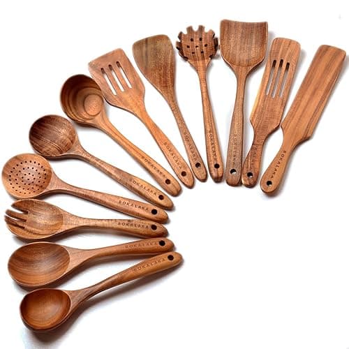 Wooden Spoons for Cooking,12 Pack Wooden Utensils for Cooking Wooden Kitchen Utensils Set Wooden Cooking Utensils Natural Teak Wooden Spatulas for Cooking - 4-6 - Image 1