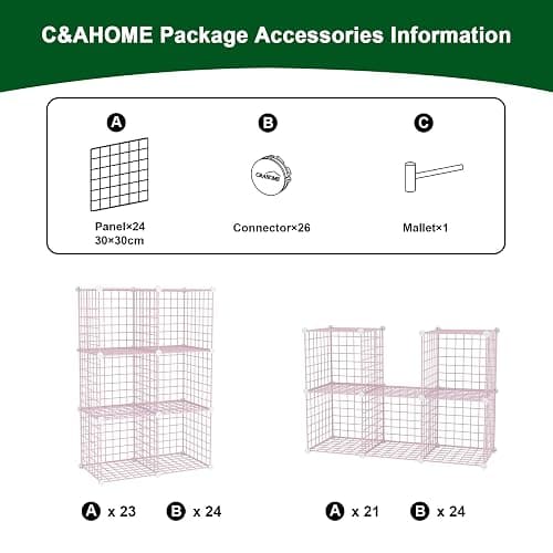C&AHOME Wire Cube Storage, 6 - Cube Organizer Metal C Grids, Modular Shelves Units, Closet Organizer, Ideal for Home, Office, Living Room, 36.6”L x 12.4”W 36.6”H, Pink UWCS3006P thumbnail 7