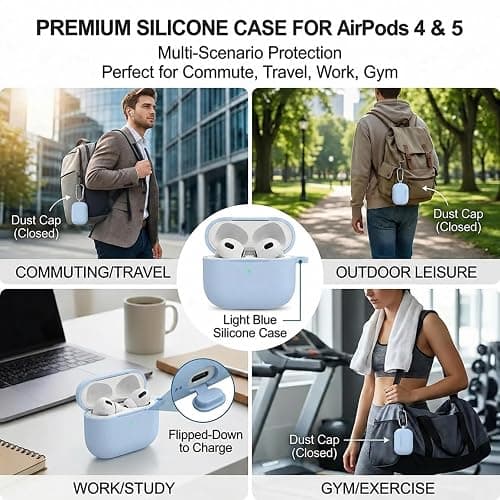 Woyinger Silicone Case for AirPods 5 and 4 with Cleaner Kit, Sky Blue | Soft silicone cover with keychain and cleaner kit, compatible with AirPods 5 and 4 for daily scratch and bump protection thumbnail 5