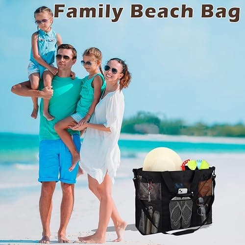 Fammart Mesh Beach Bag, Large Beach Tote with Zipper Pocket, Toys Pool Bag for Family Travel Vacation Cruise Essentials thumbnail 2