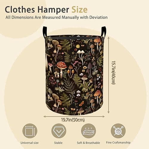 Vintage Mushroom Laundry Basket Hamper for Boys Girls Kids Adults, Foldable Waterproof Oxford Clothes Storage Bin, Nature Organizer for Bedroom Bathroom Room Decor 19.7"x15.8" thumbnail 2