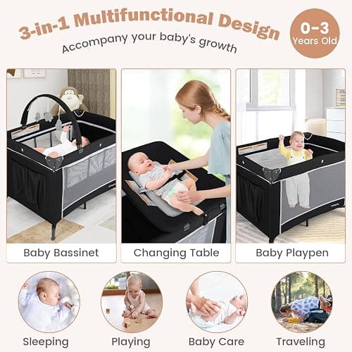 BABY JOY 3 in 1 Pack and Play, Travel Baby Crib Bassinet Bed with Bassinet, Changing Table with Safety Belt, Toy Bar, Lockable Wheels, Portable Baby Playard from Newborn to Toddler thumbnail 4