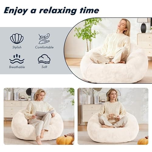 LVHOM 3.28 Feet Bean Bag Chair for Adults, Shell-Shaped Bean Bag Lazy Couch, Faux Fur Cloud Sofa Chair, Lounge Floor Sofa with Filler for Reading, Gaming & Watching, No Assembly Required (Beige) thumbnail 3