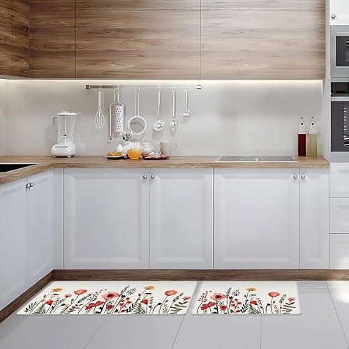 Serwrsw Kitchen Mats for Floor 2 Piece White, Colorful Flower Fern Kitchen Floor Mats for in Front of Sink, Floral Kitchen Rugs Non Slip Washable thumbnail 6
