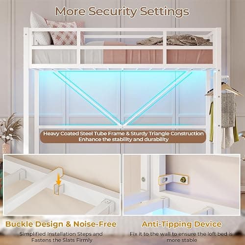 DICTAC Loft Bed Twin Size with Ladder and Guardrail,Metal Twin Loft Bed for Kid/Teen with Led Lights,Small Space Saving Furniture Design for Bedroom,Kid Room and Dorm,No Box Spring Needed, White thumbnail 8