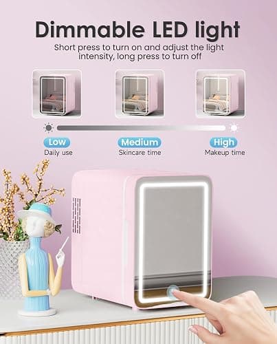 CUTIEWORLD Skincare Fridge with Dimmable LED Light Mirror, 4L Mini Fridge For Desktop, Travel or Cool & Heat, Makeup Fridge for Cosmetics, Skin Care and Food, Pink thumbnail 3