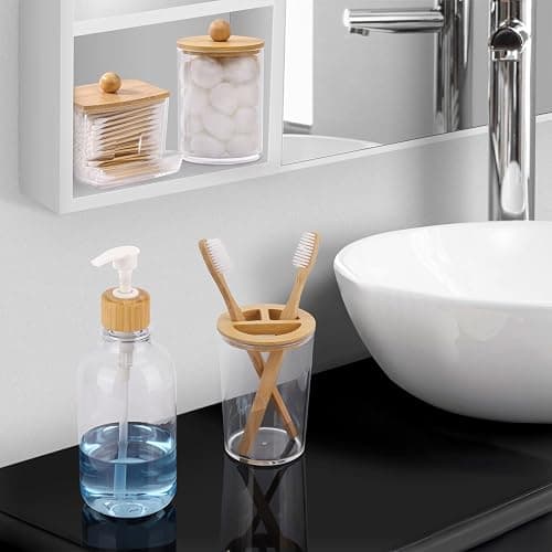 Bamboo Bathroom Accessories Set 4 Pcs - Clear Toothbrush Holder Plastic Soap Dispenser and 2 Qtip Holder Cotton Swab/Pad/Ball Container Jar thumbnail 2