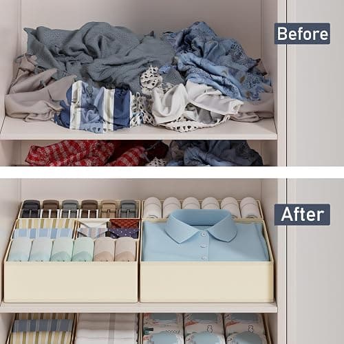 DIMJ Set of 12 Drawer Organizers Foldable Organizers and Storage Fabric Wardrobe Clothes Organizer Multifunctional Storage Box for Clothes, Bra,(Beige) thumbnail 5
