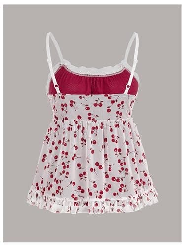 WDIRARA Women's Plus Size Strawberry Print Cami Top Mesh Camisole Lace Peplum Tops thumbnail 2