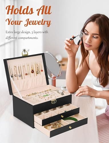 SYCARON Large Jewelry Box Organizer for Women Girls, 3 Layers PU Leather Jewelry Storage Case with Lock for Women and Girls Necklace Bracelets Earrings Rings Organizer, Black thumbnail 2