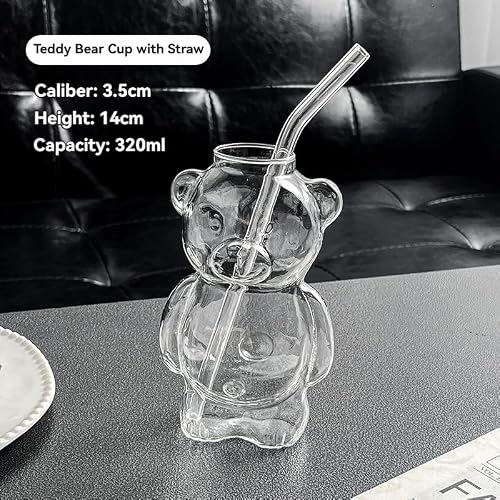 12oz Teddy Bear Glass Cup with Straw, Honey Bear Straw Coffee Tumbler, Cute Mugs, Coffee Beer Wine Cocktail Drinks Glassware (2PC) thumbnail 4