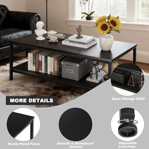 SUPER DEAL 2-Tier Coffee Table with Storage Shelf for Small Apartment Living Room, Rectangle Wood and Stable Metal TV Stand Side End Table, Black thumbnail 4