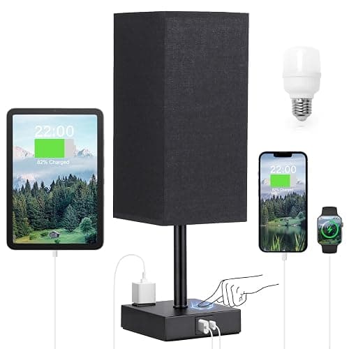 aooshine Black Lamp for Bedroom-Touch Lamp with USB-C+A and AC Outlets,3 Way Bedside Nightstand Square Table Lamp for Kids, Guest Room Living Rroom,Office, 800 Lumens 5000K Daylight Bulbs Included - Image 1