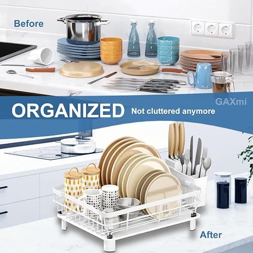 GAXmi Dish Drying Rack Over The Sink Dish Drainer with Drainboard Utensil Holder, 1-Tier White thumbnail 3