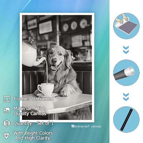 Golden Retriever Drinking Coffee Dogs Print Black And White Vintage Photography Funny Kitchen Wall Art Dining Room Decor Coffee Shop Room Decor Aesthetics 12X16 in Unframed thumbnail 3