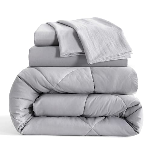 NTBAY Twin Comforter Set with Sheets, 5 Pieces Soft and Breathable Twin Bedding Set, Twin Bed in a Bag, Down Alternative Comforter Set Solid Color All Season, Kids Bedding Set, Light Grey thumbnail 3