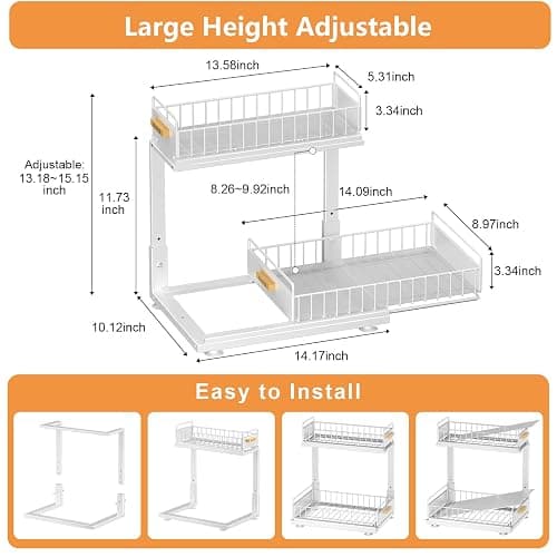 HOMEAILIE Under Sink Organizer, High Adjustable 2 Tier Under Kitchen Sink Organizer, Multi-Purpose Storage Shelf for Kitchen Bathroom Cabinet, White thumbnail 2