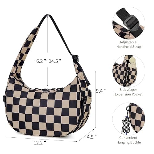 FODOKO Crescent Shoulder Bag for Women Checkered Purse Small Cute Clutch Hobo Handbags Nylon Quilted thumbnail 4