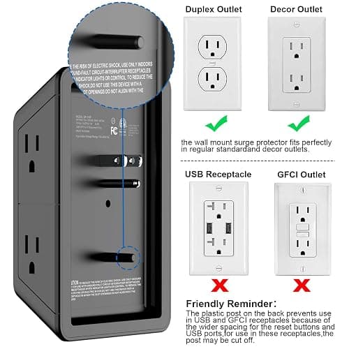 Surge Protector Outlet with 5-Multi Plug Outlet and 4 USB Ports (1 USB C), 3-Sided 1680J Power Strip Wall Charger for Home, Travel, Office - ETL Listed, Black thumbnail 5