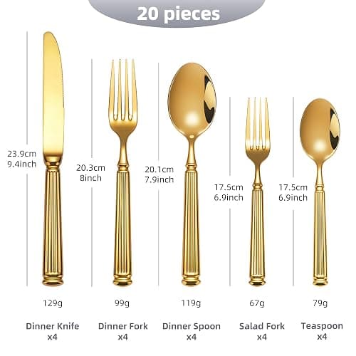 20-Piece Heavy Duty Gold Silverware Set for 8, 18/10 Stainless Steel Flatware, Extra Thick Heavy Flatware Set, Perfect for Weddings Gifts thumbnail 3