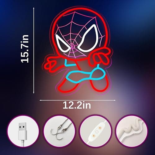 TOPQUALI LED Spider Neon Sign for Wall Decor, Dimmable Anime Light Up Display, Kids Bedroom Game Room Decoration, 12.2x15.7 Inch thumbnail 3