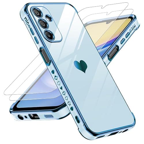 LeYi for Samsung Galaxy A15 5G Case: with Tempered Glass Screen Protector [2 Pcs]+Camera Lens Protection, Love Heart Plating Women Luxury Shockproof Case for A 15, Cute Present for Mom, Sierra Blue - Image 1