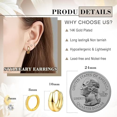 Styleeary Gold Earrings for Women, Small Chunky 14K Gold Plated Hypoallergenic Huggie Hoop Earring Sets for Multiple Piercing, Lightweight Stud Earrings,Tiny Ball CZ Cartilage Earrings Stack 3Pairs thumbnail 4